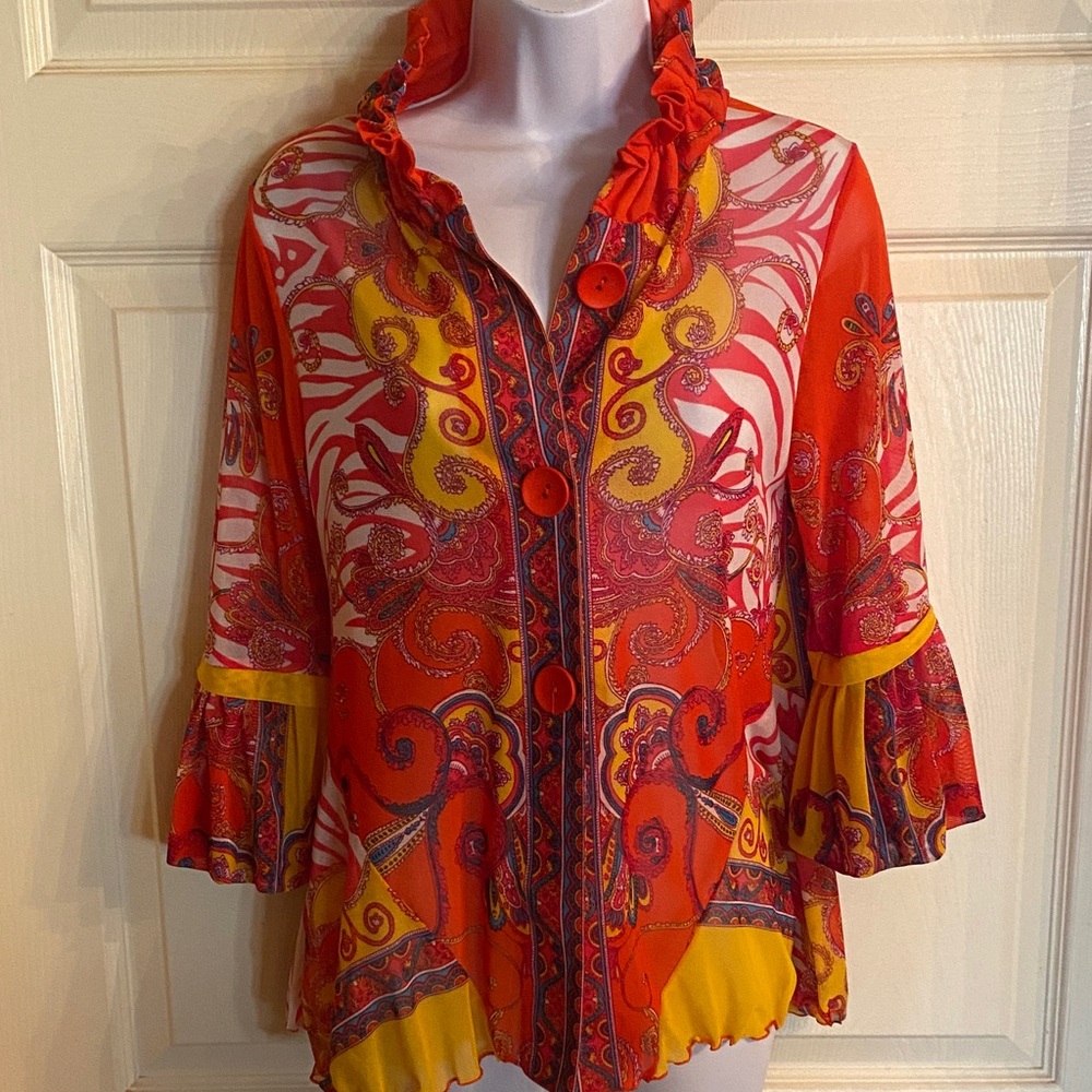 INC International Concepts Red and Yellow Paisley Ruffle-Trim Blouse